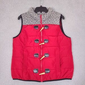 RuffHewn Womens Puffer Vest Large Red Herringbone Tweed Toggle Zip Up